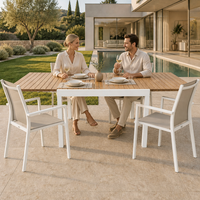 Table à manger extensible blanche avec plateau en lattes de bois, mobilier de patio moderne pour jardin, cour arrière et divertissements en plein air