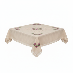 Buldan Custom Muses Made Purple Cross Stitched Cotton <b>Tablecloth</b> Elegant Beige Embroidered Floral Dining Table Cover for Hotels - Product Image 2