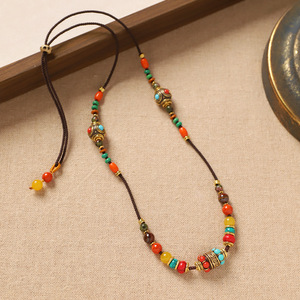 Vintage Tibetan-Style <strong>Nepali</strong> Ethnic <strong>Beaded</strong> Necklace Original Colorful Turquoise Copper Charm Braided Pendant Fashionable - Product Image 4