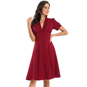 Robe de soirée élégante pour femmes robe sexy col en V à manches courtes simple boutonnage robe vintage trapèze robe décontractée de bureau pour femme robe solide - Product Image 3