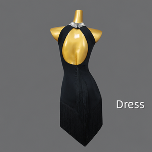 Robe de <span class=keywords><strong>danse</strong></span> latine noire à franges, col montant, dos nu, asymétrique, mini-robe pour concours et spectacle - Product Image 6