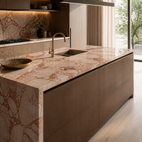 Meuble-lavabo mural moderne en marbre rose naturel avec vasque intégrée et plan de toilette en pierre