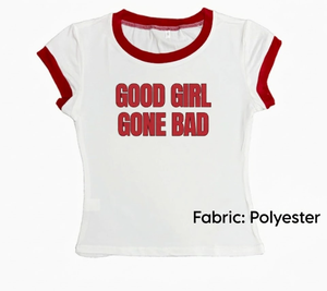 T-shirt Crop Ringer Personalizzata Y2K 'GOOD <span class=keywords><strong>GIRL</strong></span> <span class=keywords><strong>GONE</strong></span> BAD' |   Maglietta a girocollo con maniche regolari, vestibilità slim, motivo a tinta unita, stampa serigrafica in poliestere - Product Image 3