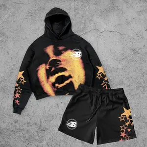 Latest Design Acid Wash Hoodie And Shorts Set Tracksuit Custom Logo Screen Printing Sweatsuit Vintage Hoodies And Shorts Set Men