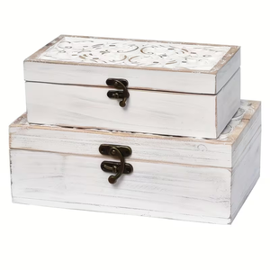 Juego de 2 cajas de madera para joyería, estilo rústico, con tapa con bisagras <span class=keywords><strong>y</strong></span> diseño tallado, color blanco. - Product Image 1