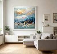 Peinture originale à la main, art mural texturé abstrait de coucher de soleil sur le port et bateau à voile, paysage côtier unique en son genre