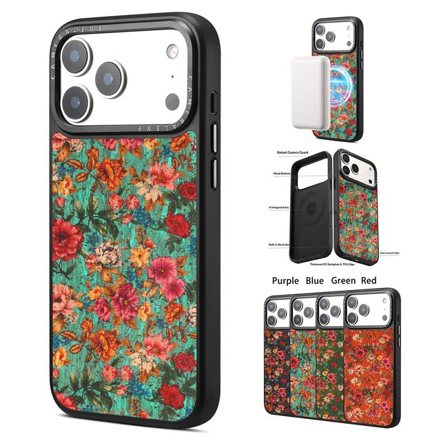 Denior OEM/ODM Luxury Floral Print Magnetic Shockproof Phone Case, Wireless Charging Compatible, for Apple 18/17/16/15 Series
