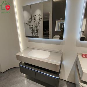 Meuble-lavabo de salle de bain de luxe moderne en bois massif et contreplaqué, suspendu au mur, avec miroir, rangement multi-espaces, double tiroir, personnalisable - Product Image 5