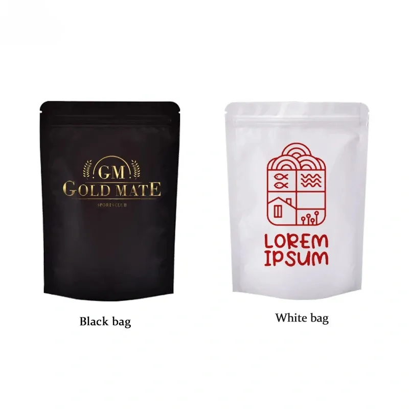 Tas hitam Matte Foil aluminium bagus, ritsleting berdiri, ransel putih, makanan ringan biji kopi, kemasan hadiah pernikahan, Logo kustom