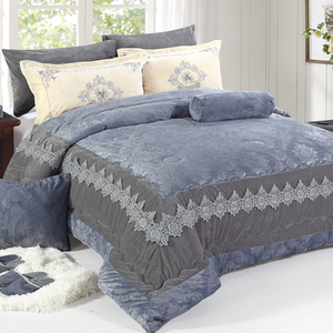 Bán Buôn Sang Trọng Pha Lê Nhung Bộ Đồ Giường Đặt Mô Hình Hình Học Ren Chắp Vá Màu Xanh Trải Giường Thêu Bộ Đồ Giường Chăn - Product Image 4