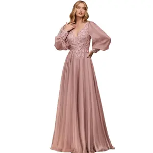Long Formal Evening Gown Mother of The Bride Dress Elegant Long Sleeves V-neck Women Short Sleeve Chiffon Wedding Party A-line