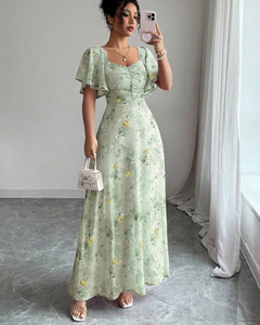 Robe longue élégante décontractée pour femme, idéale pour les fêtes et les vacances, en mousseline florale, col carré, manches courtes à volants, taille haute, coupe trapèze, pour l'été - Product Image 4