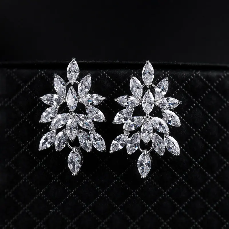 Weiman Anting Klip Sekrup Pengantin Pernikahan Bentuk Tanaman Kristal CZ Cubic Zirconia Potongan Marquise Kualitas Tinggi Perhiasan