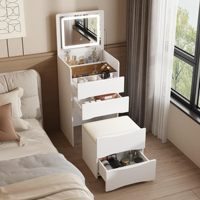 Coiffeuse moderne Fanyige avec miroir rabattable et éclairage, petit ensemble de maquillage, étagère en verre, gain de place, 3 tiroirs, coussin