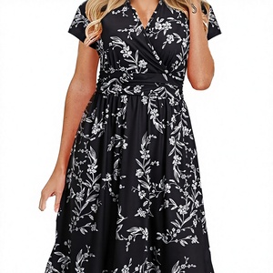<b>Pink</b> Puff Sleeve Square Neck <b>Lace</b> Casual Sweet A-Line Midi Dress Women Ruffle Trim Short Sleeve Summer Wholesale - Product Image 1