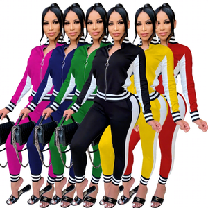 <b>Women</b> Tracksuit 2 Piece Set Zipper <b>Jacket</b> Long Pants Sporty Color Blocking Full Sleeve Turn-down Collar Spandex Polyester - Product Image 1