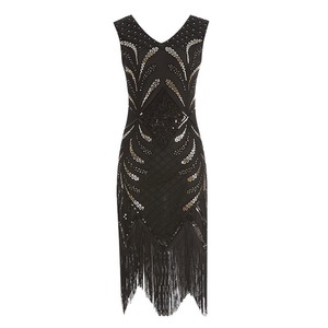 1920s Retro <b>Sequin</b> Beaded Tassel Dress V-Neck Sleeveless Evening Party Dress S-4XL Vintage Handmade - Product Image 5