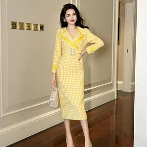 ZYHT 30740 Vintage Lapel Diamond Decor Career Dresses Yellow Plaid Formal Trench Long Dress with Belt