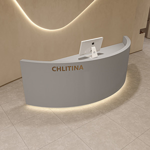 Petit comptoir de réception Institut de luxe Spa commercial <span class=keywords><strong>Banque</strong></span> incurvée Comptoir de réception de bureau en bois avec mur arrière - Product Image 4