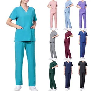 Nuove donne maniche corte con scollo a v tasca infermiera medica uniforme t-shirt Top + pantaloni 2 pezzi Set abbigliamento da lavoro infermieristico Set Scrub infermieristico