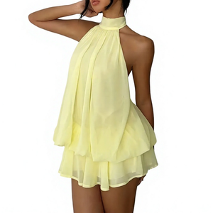 Nuevo Vestido Mini Ligero de Chifón con Cuello Halter y Volantes, con Lazos en la Espalda, Sin Mangas, para Mujer - Product Image 3