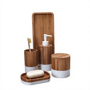 Bamboo <b>Bathroom</b> <b>Accessories</b> Set 5 Piece Eco-Friendly Soap Dispenser Toothbrush Holder Tray Organizer - Product Image 1