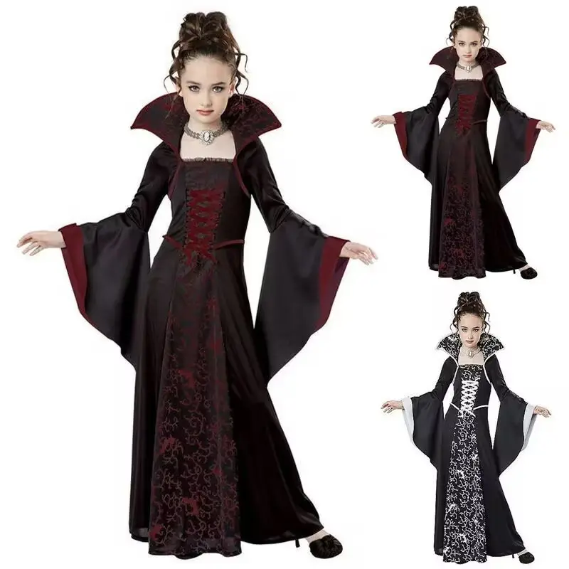 बरगंडी यूरोपीय और अमेरिकी नए हेलोवीन बच्चों के कपड़े चुड़ैल कोर्सेट पोशाक मध्यकालीन विंटेज लेस अप फ्लेयर स्लीव मुद्रित