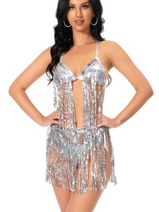 Shiny Bikini Set Holographic <strong>Sequin</strong> Fringe Halter Tie Side Swimsuit Triangle Bra Belly Wrap Beachwear Festival Carnival Outfits - Product Image 2