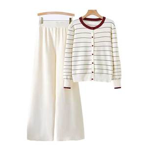 Conjunto de ropa de descanso de 2 piezas con logotipo personalizado para mujer, suéter de punto a rayas de manga larga, cárdigan, pantalón Suelto - Product Image 1