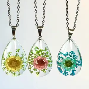 Customizable Clear Acrylic Resin Water Drop Pendant Necklace Jewelry Epoxy Dry Real Flower Necklace