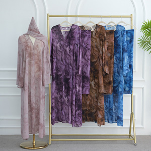 Yibaoli 제조사 우아한 이드 두바이 아랍어 롱 원피스 4 색 인쇄 이슬람 원피스 오픈 아바야 매칭 스카프 - Product Image 4