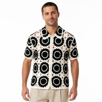 Maßgeschneidertes LOGO Herren Häkelhemd mit Lochmuster-Knöpfen Kurzarm Reverskragen Geometrisch Mehrfarbig Sommer Polyamid OEM & ODM Fabrik