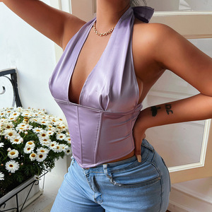 Solid <strong>Satin</strong> Cropped Tied <strong>Halter</strong> Purple Top Sleeveless Brand New Mix Bales Clothes Women Sexy Tank Crops Corset Tops - Product Image 3