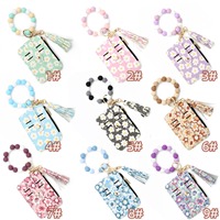 Bloemenbloeiwijze Bloemenprint Leren portemonnee Creditcardhouder met siliconen kralen Sleutelhanger Mini portemonnee Tas Armband
