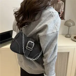 Bolso de hombro y axila de mezclilla sencillo para mujer, bolso cruzado con cadena para niñas, bolso cuadrado portátil tipo silla de montar para mujer - Product Image 2