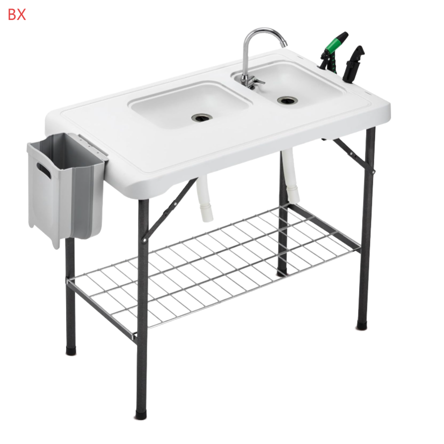Factory Wholesale Outdoor Camping Foldable Fish Cleaning Table with 2 Sinks, Folding Faucet, Sprayer, Knife, Bin, Steel Net