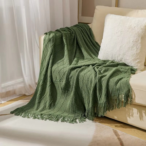 Manta de punto verde para camas <span class=keywords><strong>con</strong></span> borla, funda de sofá a cuadros <span class=keywords><strong>con</strong></span> textura sólida gris azul, decoración nórdica para el extremo de la <span class=keywords><strong>cama</strong></span>, manta suave para siesta - Product Image 1