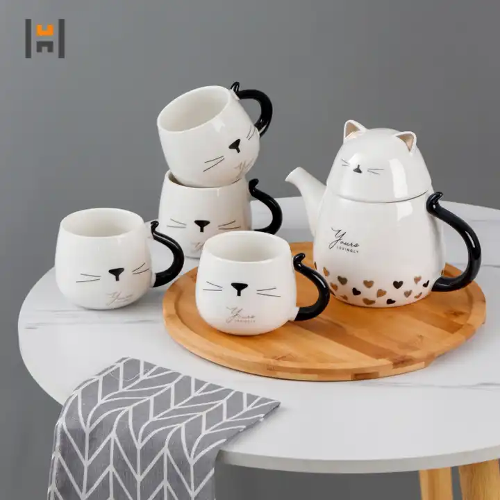 cute cat tea set 6pcs porcelain
