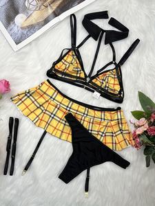 2024新作コレクション女子セクシー制服ファンタジーランジェリーセットサテンチェックブラ & ミニスカートホットファッション女性下着 - Product Image 4