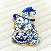 Bros Kucing Halloween Berhias Berlian Imitasi Enamel, Pola Porselen Biru, Lencana Logam, Pin Dekorasi Pakaian