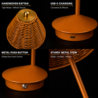 Lampe de table en rotin moderne faite à la main avec commande tactile LED et lumière chaude/froide à intensité variable - Alimentation électrique pour lecture au lit