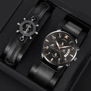 Reloj de pulsera de malla negra YuSa418 Ready Stock para hombre, reloj masculino con pulsera, reloj de fecha automático de cuarzo para hombre, conjunto de regalo