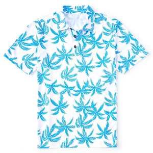 Polo à manches courtes pour homme, imprimé palmiers blancs et bleus, décontracté, respirant, 100% polyester tissé, imprimé numérique, coupe classique - Product Image 6