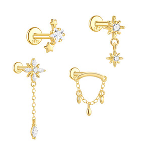 Pendiente de botón de oro de una sola pieza con base plana de plata S925, cadena de borlas de estrella de 1.2x6mm y circonita marquesa roscada - Product Image 1