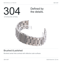 Bracelet de montre en acier inoxydable 304 de 22 mm, bracelet solide à trois maillons brossé et poli avec fermoir pliant