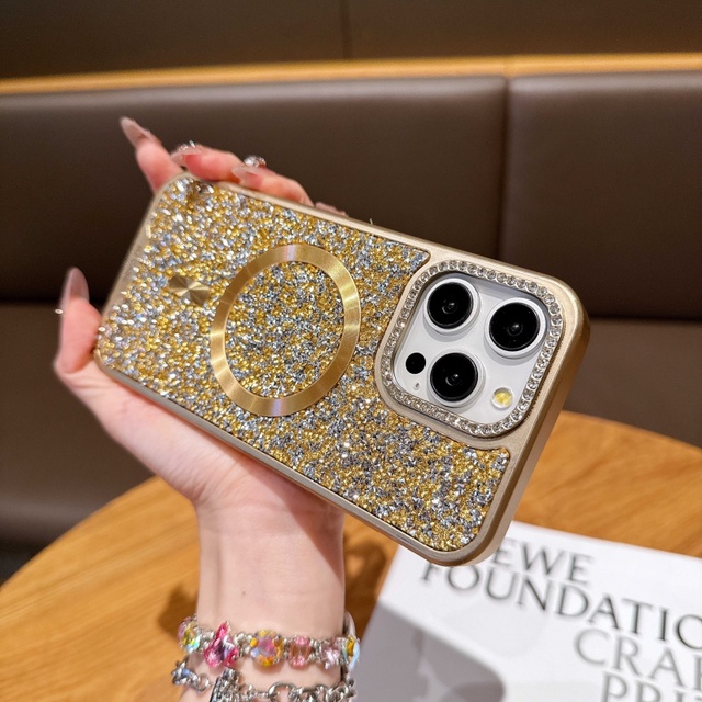 Fashion Glitter Magnetic Phone Case for iPhone 14 15 16 Pro Max Wireless Charging Diamond Camera Frame Shockproof Back Cover