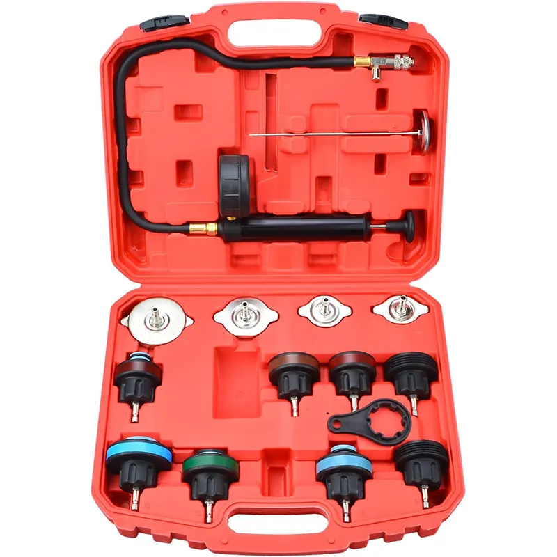 15PCS Pump Gauge Adapter Repair Tool Set Auto Cooling System Radiator Color Cap Pressure Tester Kit