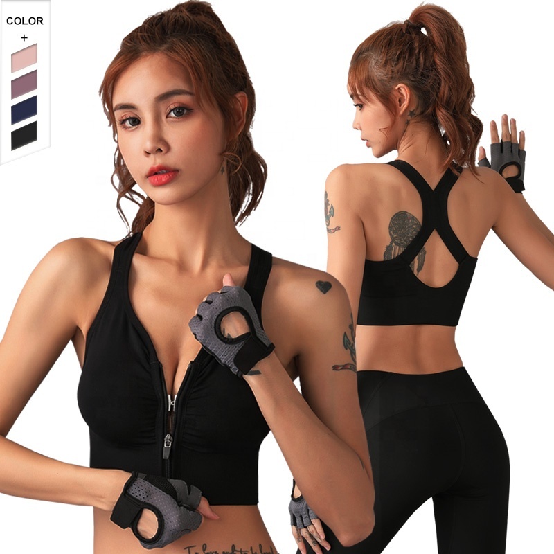 High Support Womens Seamless Cross Beauty Back Front Zipper BH Yoga Sports Bra Crop Top for Running Workout Gym Fitness