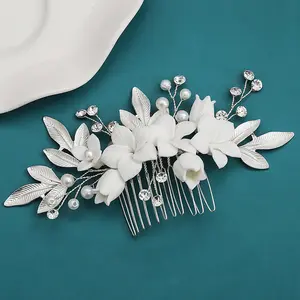 LUOXIN bianco in ceramica floreale copricapo da sposa con decorazione a foglia di metallo perla con decorazione a pettine da sposa