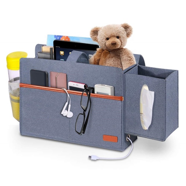 Hanging Felt Bedside Storage Caddy with Tissue Box and Water Bottle Pocket for Home College Dorm Sofa Desk Bunk Bed